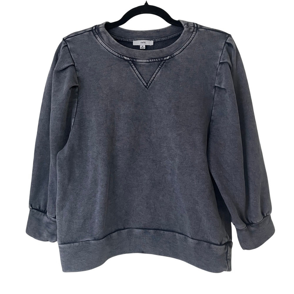 Fate Puff Sleeve Terry Pullover Sweatshirt Burnout Blue Sz M